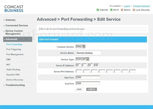 Cisco DPC3914B Port Forwarding Add
