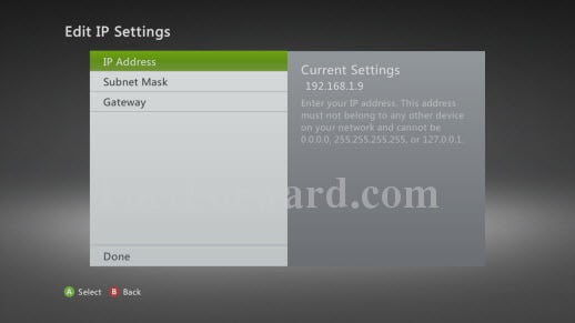 Xbox 360 Edit IP Settings Screen Highlighted IP Address