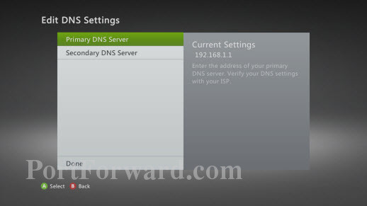 Xbox 360 Edit DNS Settings Screen